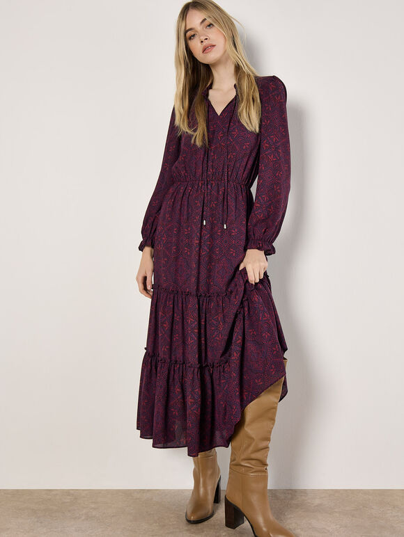 Mosaic Print Chiffon Maxi Dress, Burgundy, large