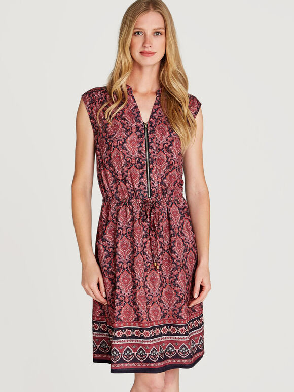 Red  Baroque Border Zip Dress, Red, large