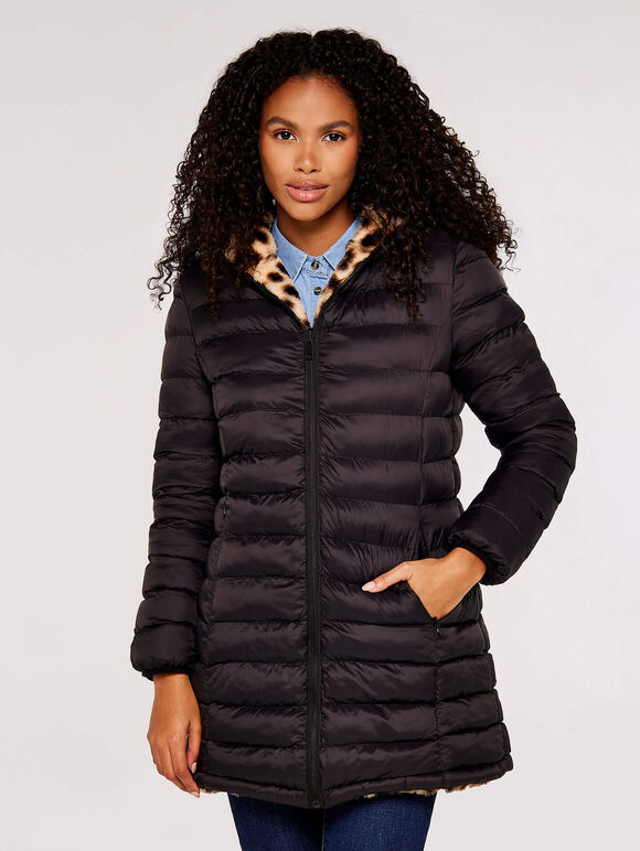 Reversible Leopard Faux Fur Puffer Coat, Black, large