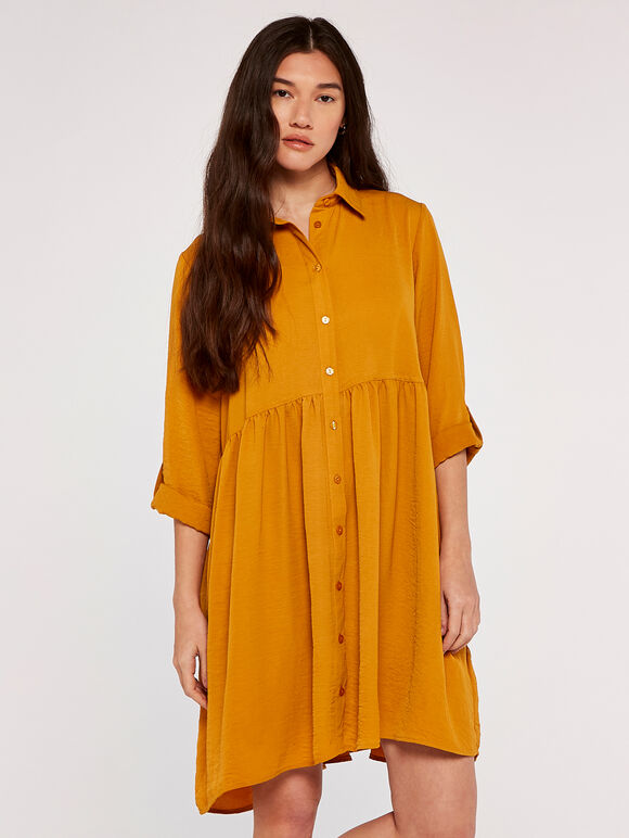 Tiered Swing Shirt Dress, Mustard, large