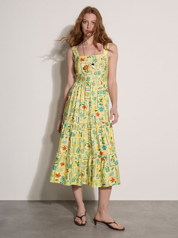 Postcard Print Tiered Midi Dress, Yellow, large