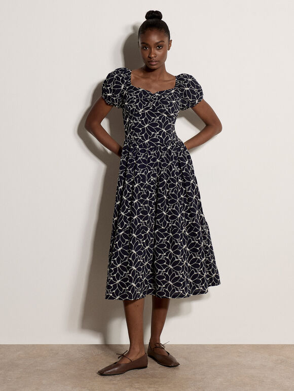 Floral Embroidered Tiered Midi Dress, Navy, large
