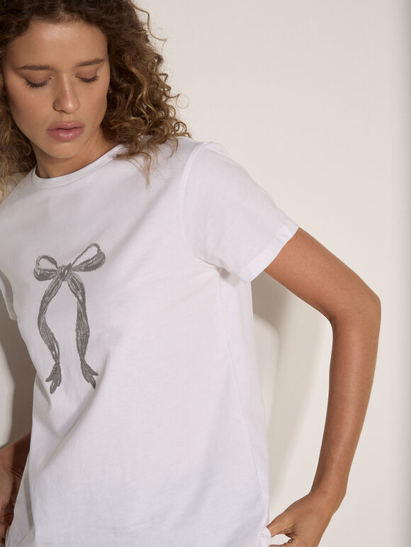 Metallic Bow Print Cotton T-Shirt, Silver, large