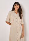 Linen Blend Utility Shirt Midi Dress, Stone, large