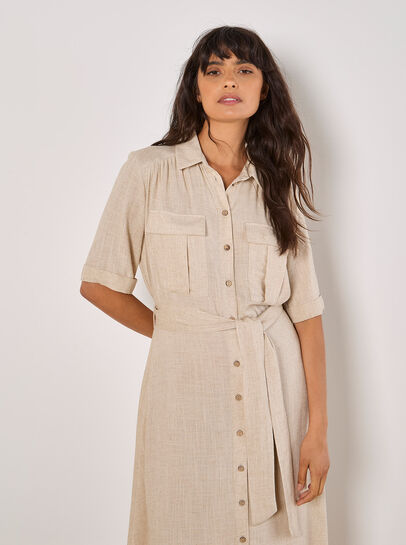 Linen Blend Utility Shirt Midi Dress
