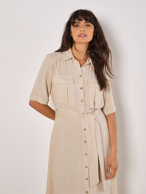 Linen Blend Utility Shirt Midi Dress, Stone, large