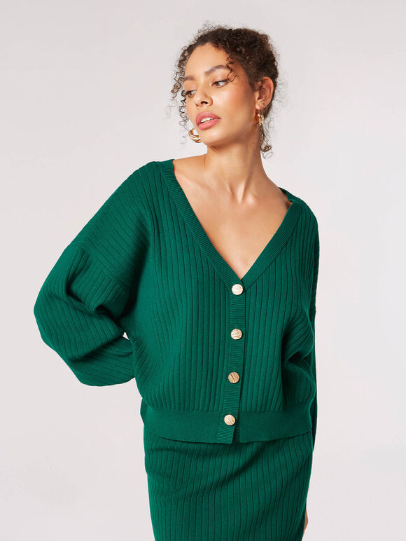 Ribbed Knit Skirt & Cardigan- Green, , large