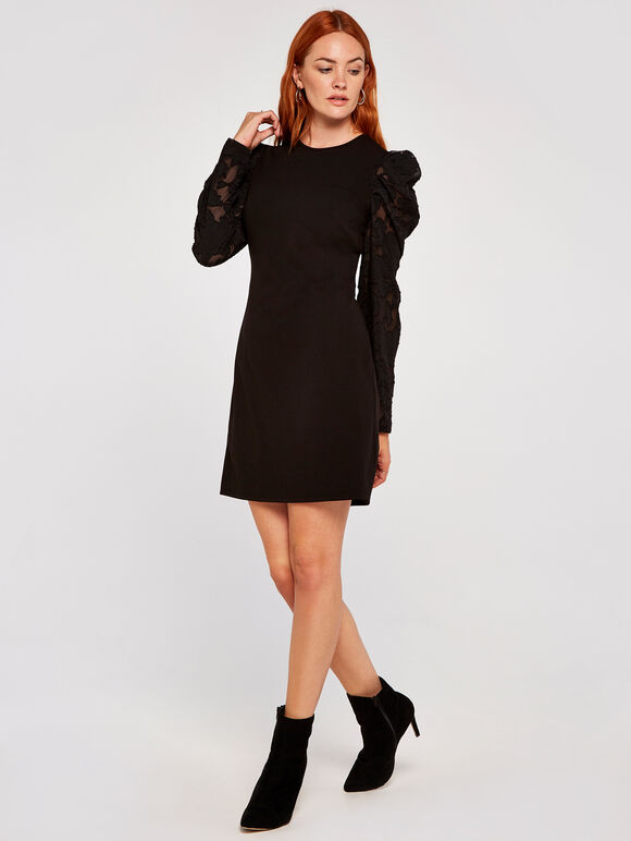 Sheer Puff Sleeve Bodycon Dress, Black, large