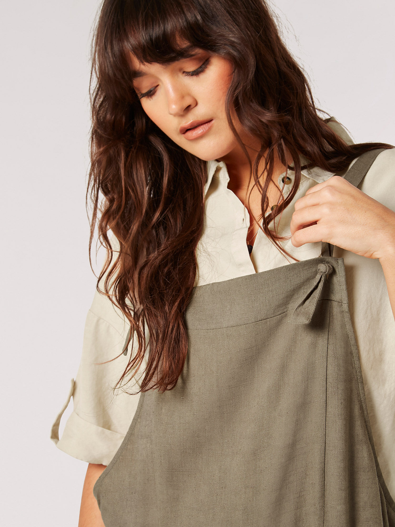 Linen Blend Relaxed Fit Dungarees Apricot Clothing