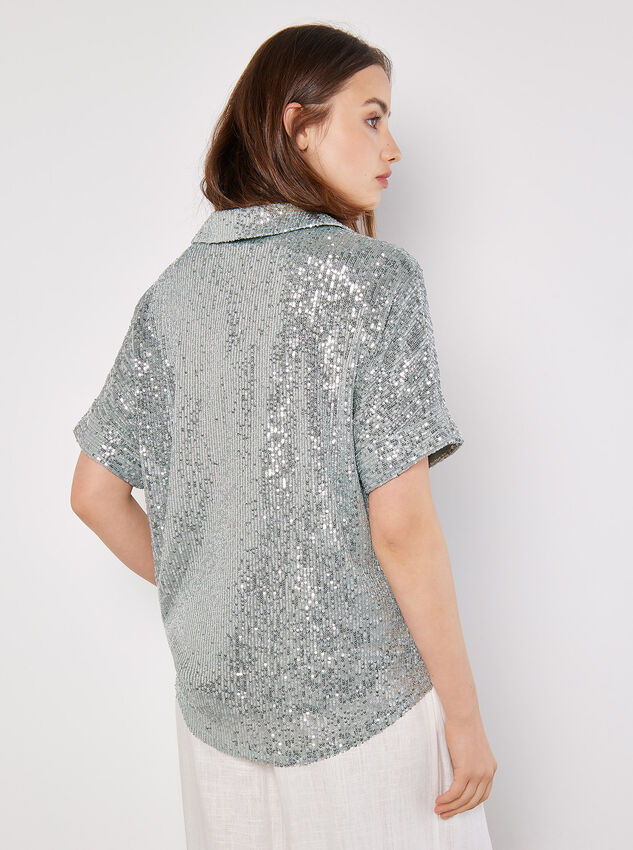 Sequin Embellished Relaxed Shirt, Mint, large