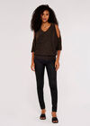 Metallic Sparkle Cold Shoulder Top, Brown, large
