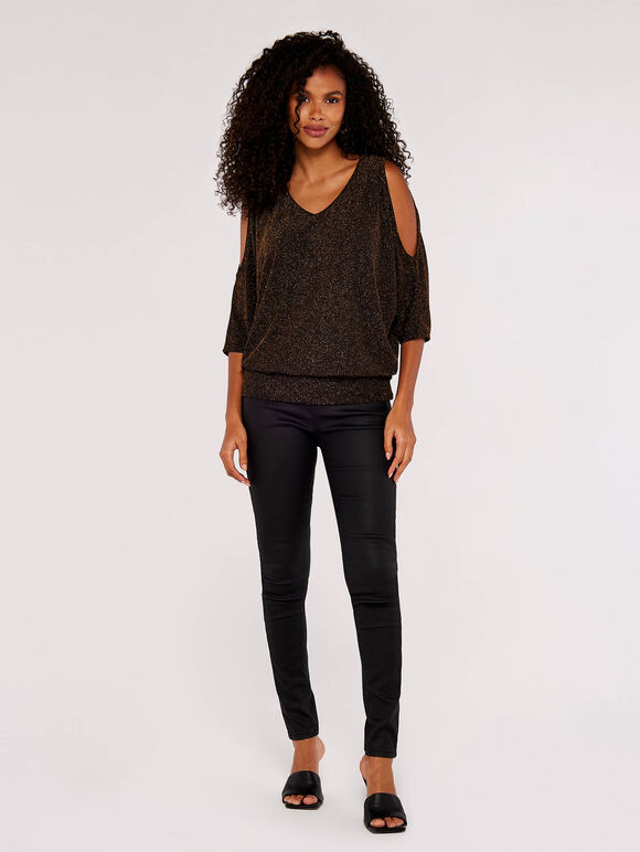 Metallic Sparkle Cold Shoulder Top, Brown, large