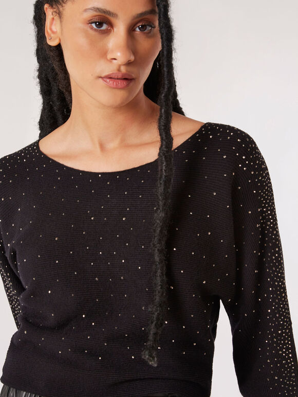 Batwing Sleeve Studded Jumper, Black, large