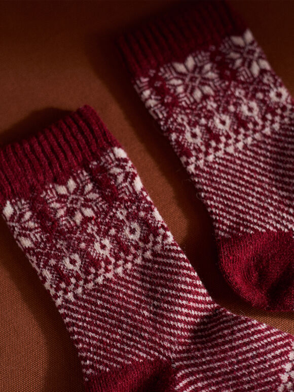 Snowflake Fair Isle Socks, Red, large