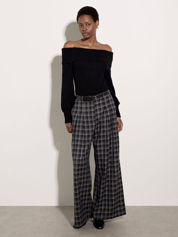 Ribbed Bardot Jumper, Black, large
