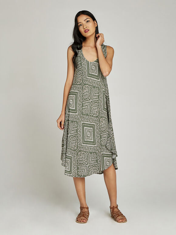 Khaki Dotted Tribal Print Midi Dress, Khaki, large