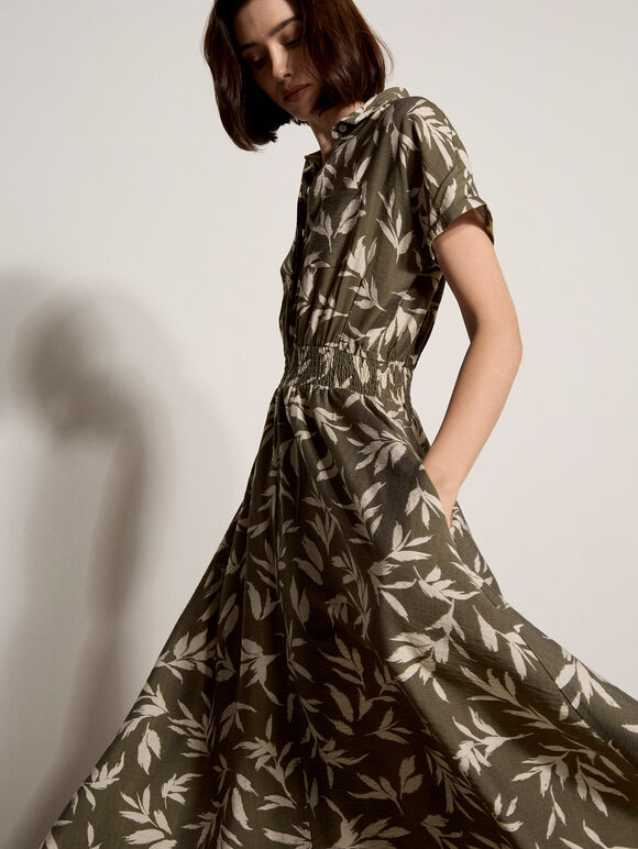 Textured Leaf Shirt Midi Dress, Khaki, large