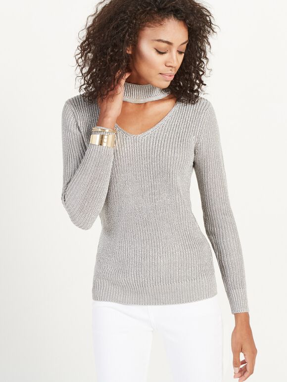 Ribbed Metallic Choker Jumper, Light Grey / Silver, large
