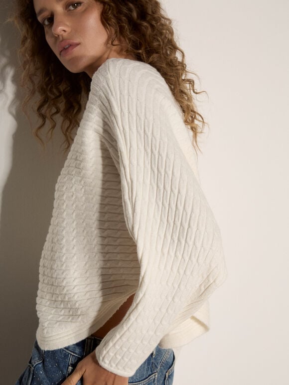 Plait Knit Batwing Jumper, Cream, large