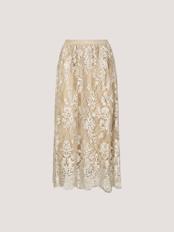 Shimmer Mesh Floral Embroidered Midi Skirt, Stone, large