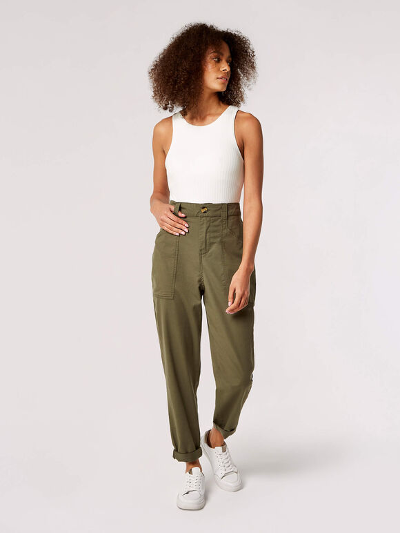 Mid-Rise Straight Leg Trousers, Khaki, large