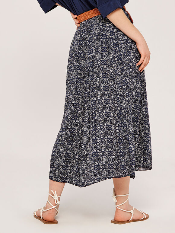 Belted Mosaic Midi Skirt, Navy, large
