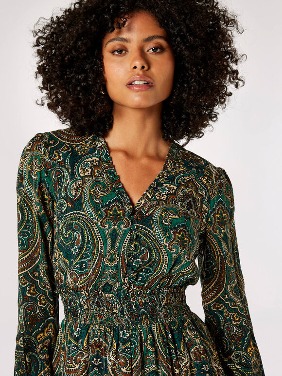 Paisley Print Ruffle Mini Dress, Green, large