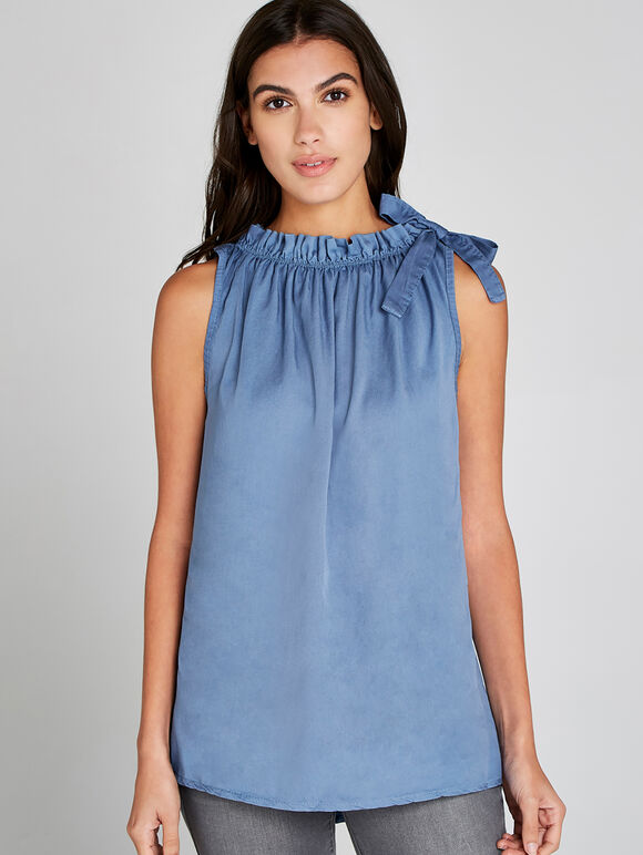 Frill Neck Tencel Top, Blue, large