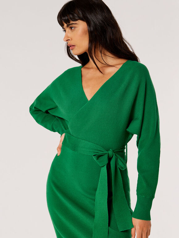 Knitted Wrap Midi Dress, Green, large