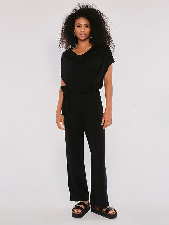 Cowl Neck Belted Jersey Jumpsuit, Black, large