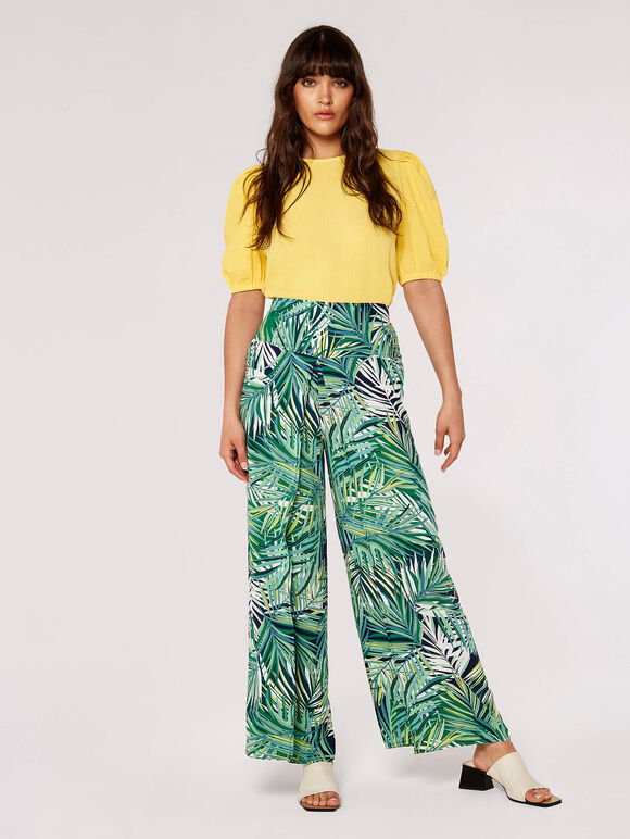 Palm Print Wrap Trousers, Navy, large