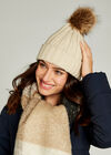 Knit Faux Fur Pom Pom Beanie, Stone, large