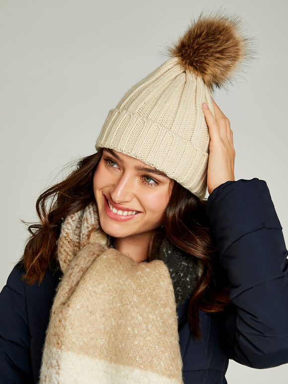 Knit Faux Fur Pom Pom Beanie, Stone, large