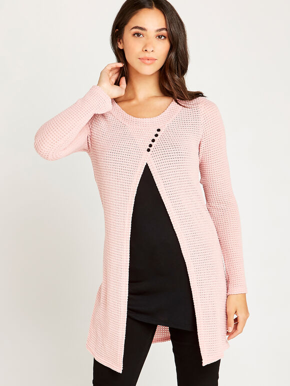 Button Detail Waffle Top, Pink, large