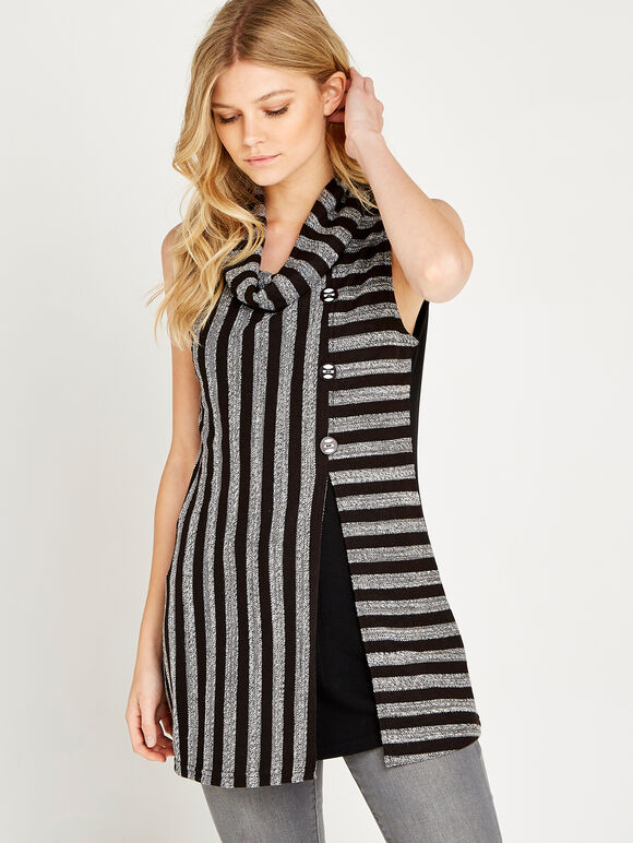 Black Cowl Neck Striped Top, Black, large