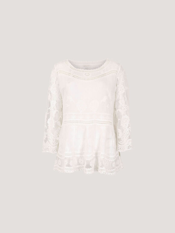 Embroidered Mesh Oversized Top, White, large