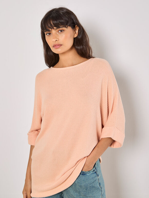 Soft-Touch Batwing Waffle Knit Top, Peach, large