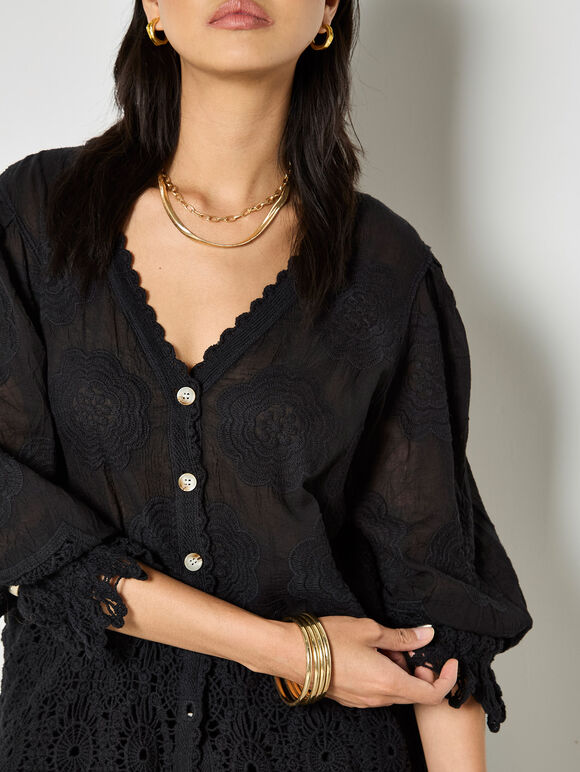 Embroidered Daisies Lace Blouse, Black, large