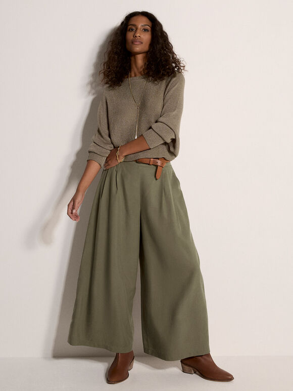 Slub Linen Wide-Leg Trousers, Khaki, large