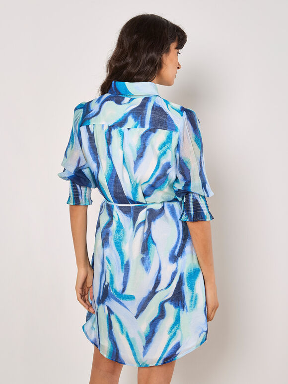Painterly Swirls Shirt Mini Dress, Blue, large