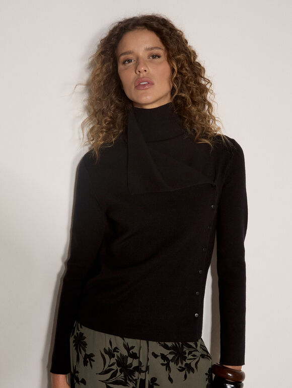Ribbed Knit Asymmetric Cardigan, Black, large