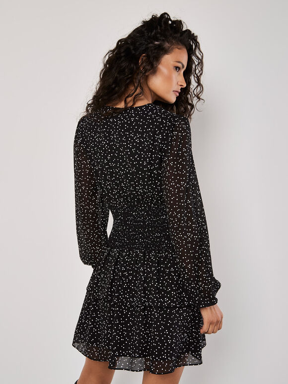 Spot Print Chiffon Mini Dress, Black, large
