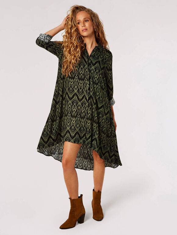 Diamond Print Shirt Mini Dress, Khaki, large