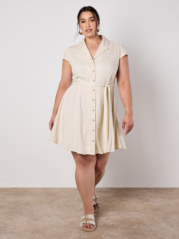 Linen Blend Shirt Mini Dress, Stone, large
