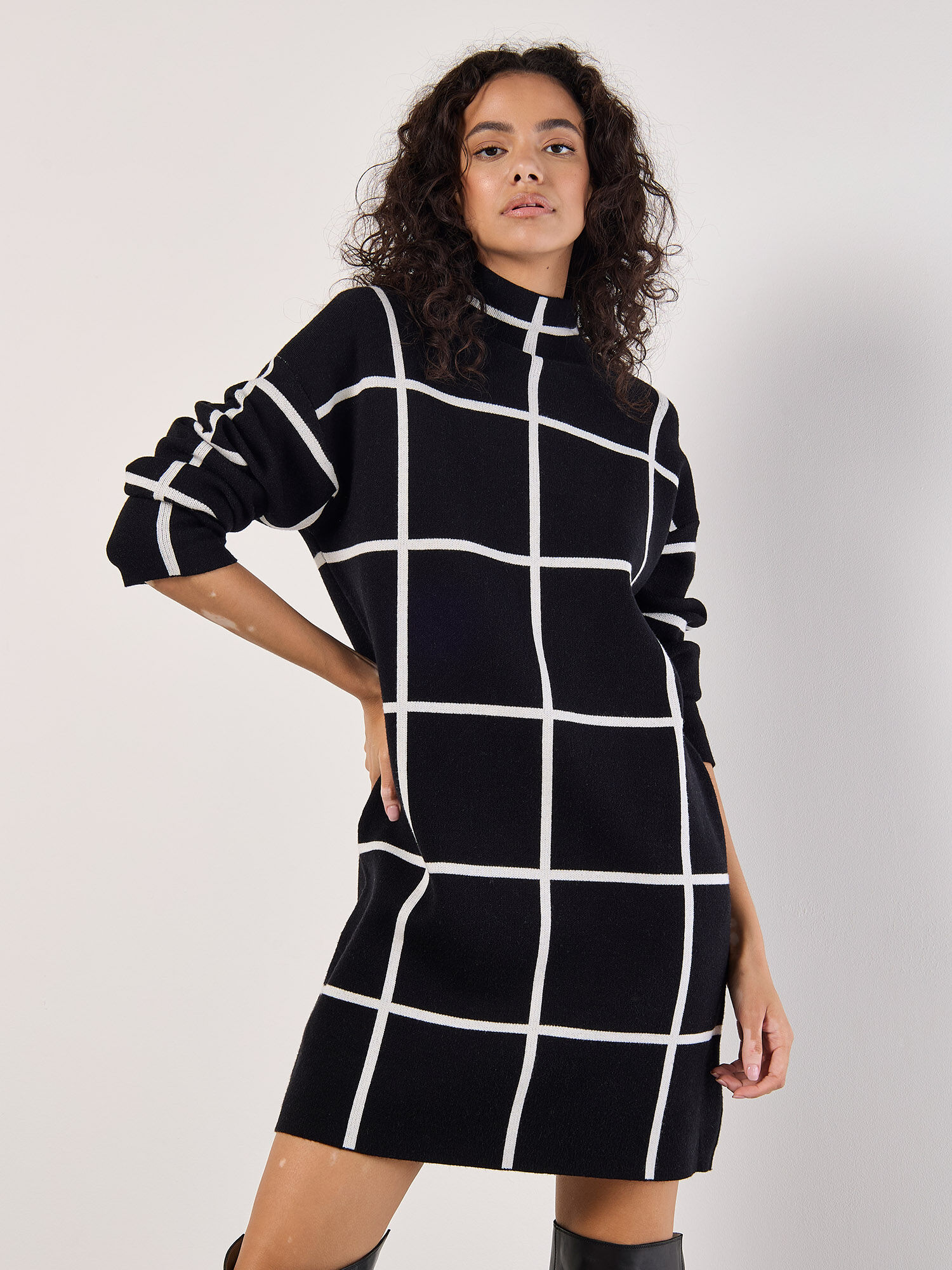 Window Check Knitted Mini Dress Apricot Clothing