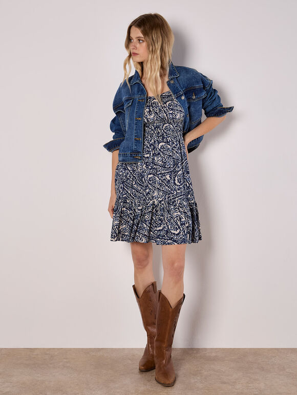 Paisley Milkmaid Mini Dress, Navy, large
