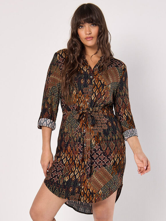 Patchwork Ikat Shirt Mini Dress, Black, large