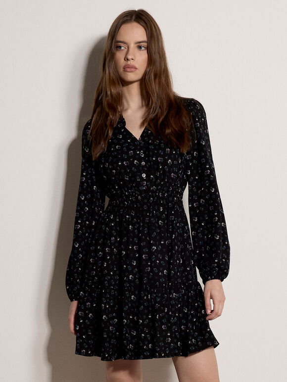 Floral Ruffle Mini Dress, Black, large