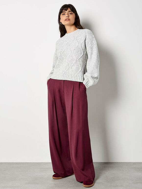 Chunky Cable Knit Crop Jumper, Grey, large