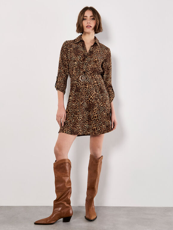 Animal Print Crepe Shirt Mini Dress, Brown, large